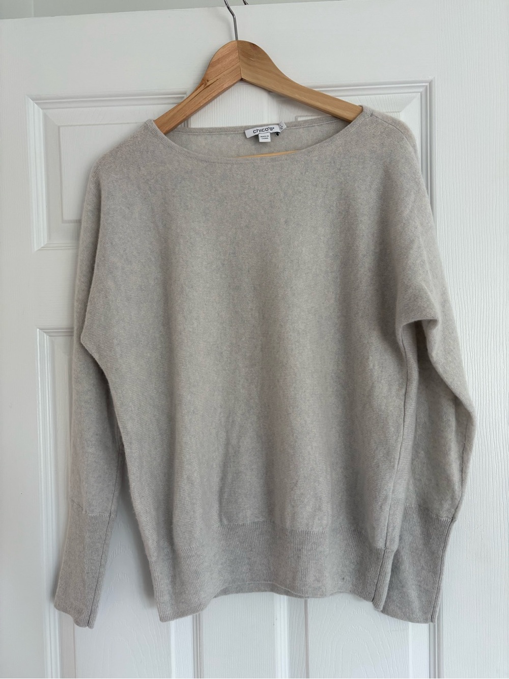 Chico's 100% Cashmere Bateau Boatneck Dolman Sweater Oatmeal Size 1M
